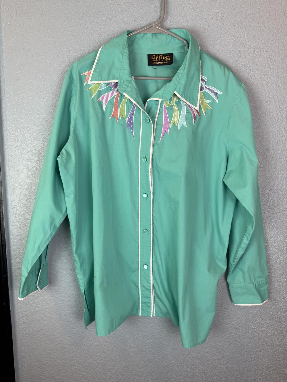 VINTAGE Bob Mackie Wearable Art Shirt Womens XL Teal Green Embroidered Piped 90s